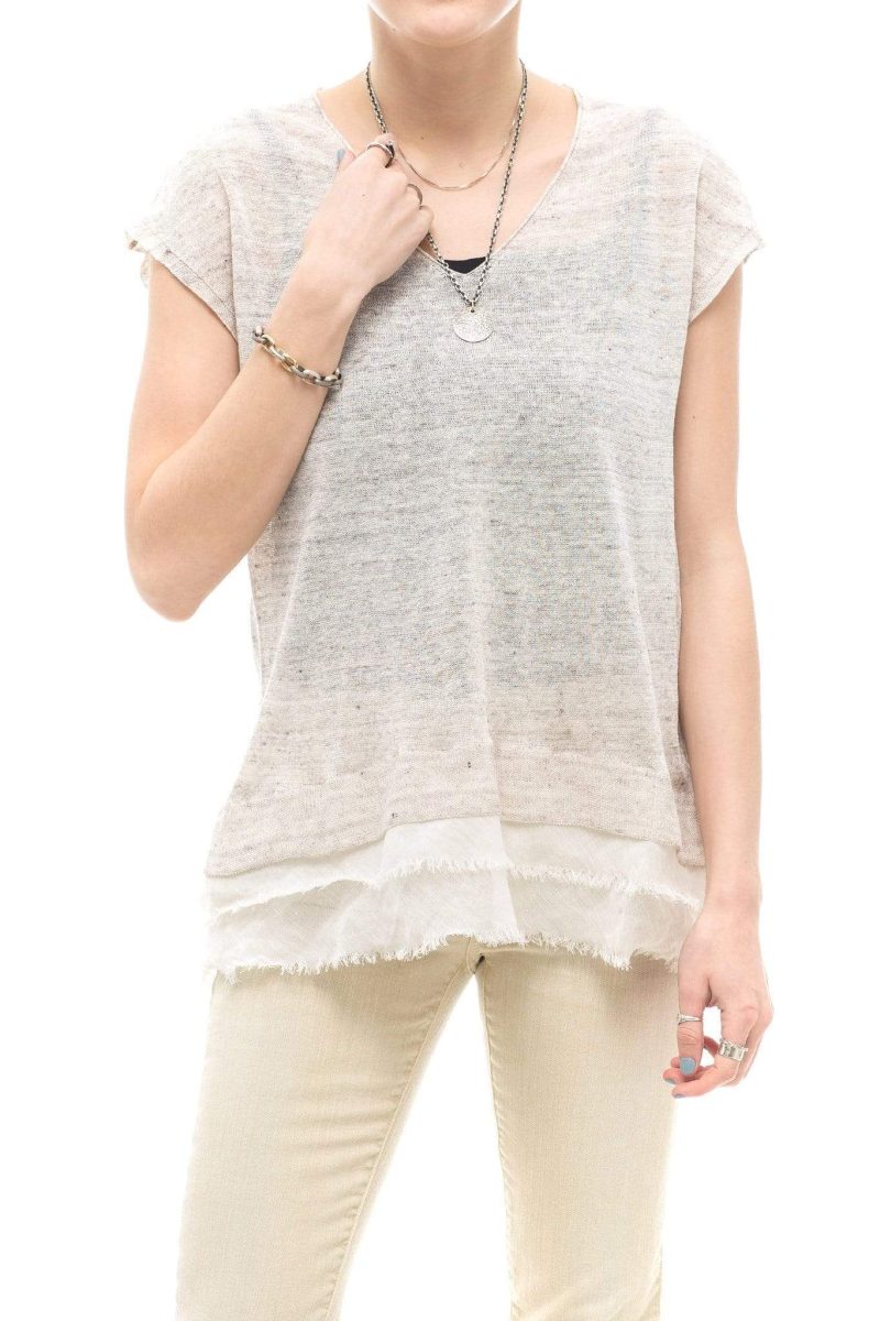 tonet windy long grey s s v neck top w white linen layered bottom ladies blouses 15949367279709